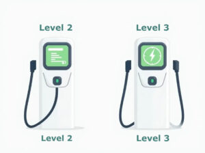 Comparison of Level 2 and Level 3 EV chargers, illustrating differences in speed and efficiency.